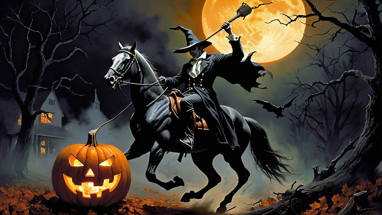 Witch on Black Horse Under Full Moon with Jack-o'-Lantern