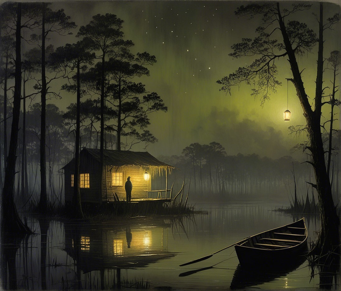Moonlit Swamp Scene with Cabin and Still Water