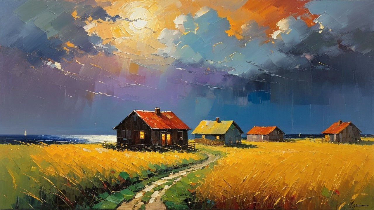 Vibrant Landscape Painting of Rustic Cottages and Fields