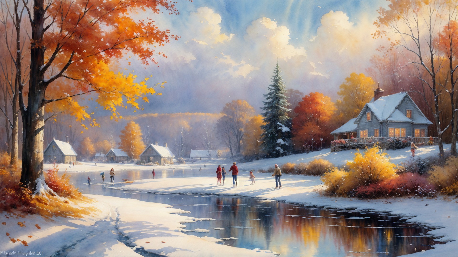 Winter Landscape with River and Autumn Trees