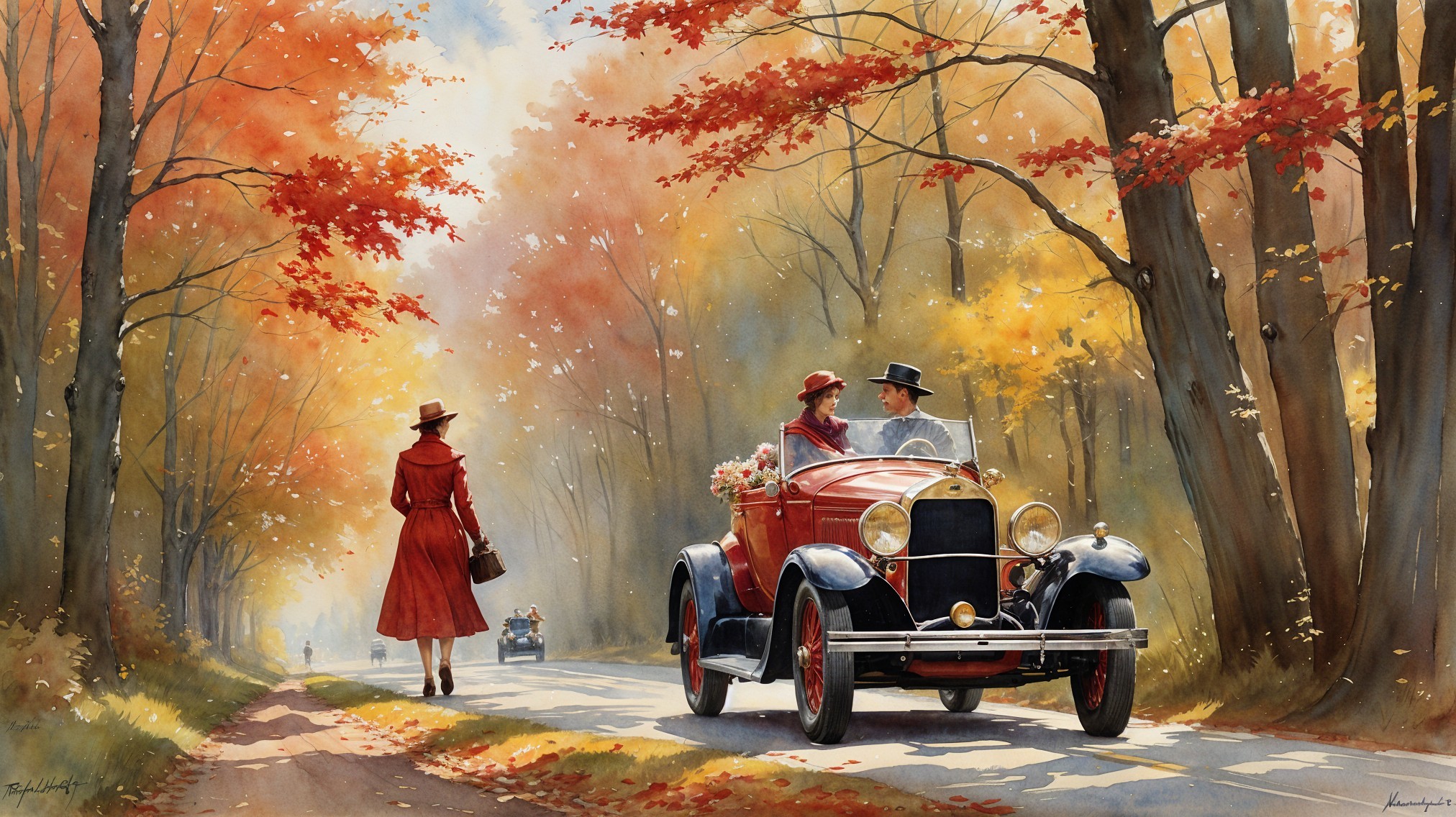 Vibrant Autumn Landscape with Classic Red Car