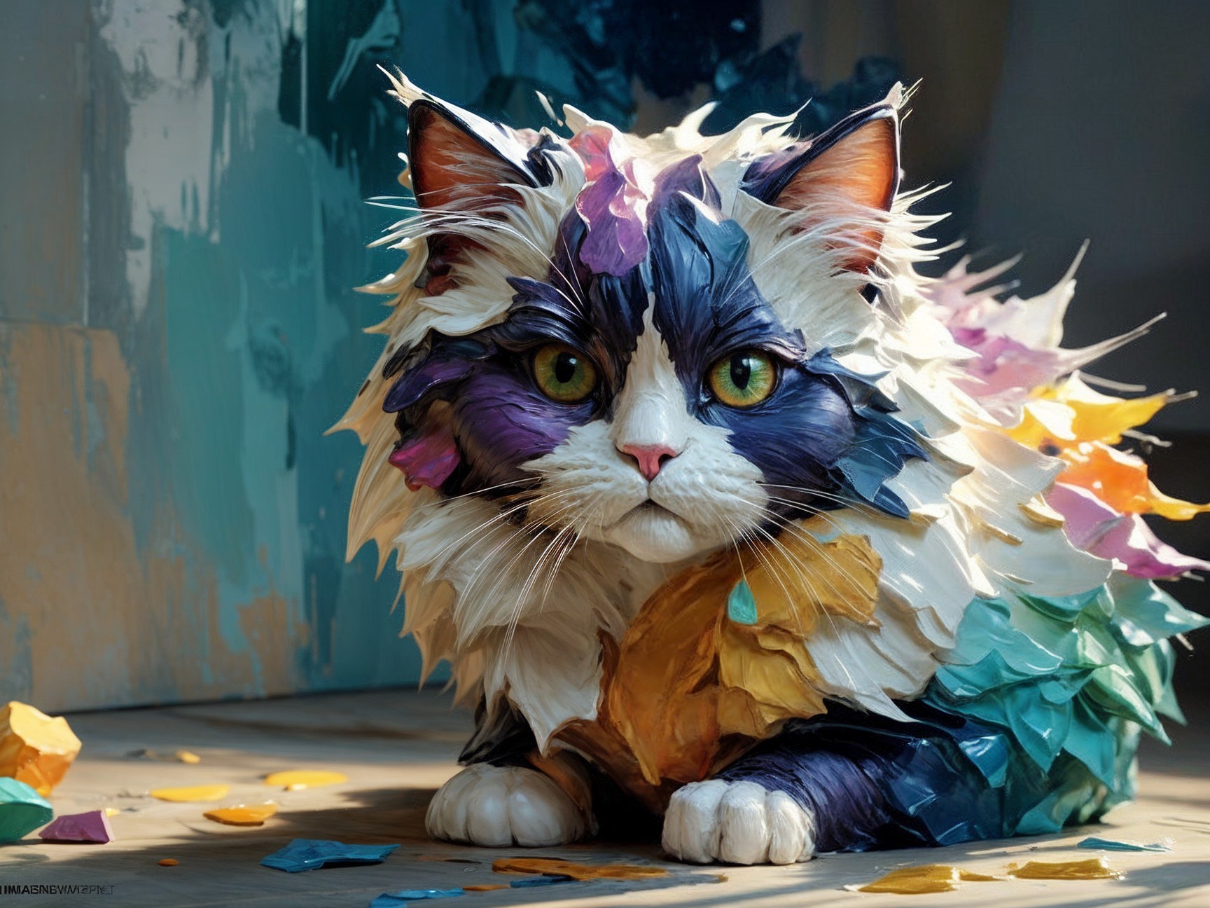 Whimsical Cat with Colorful Paint Splatters