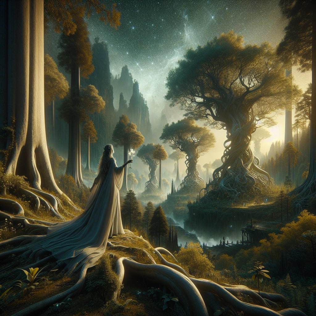 Mystical forest with cloaked figure and serene lake