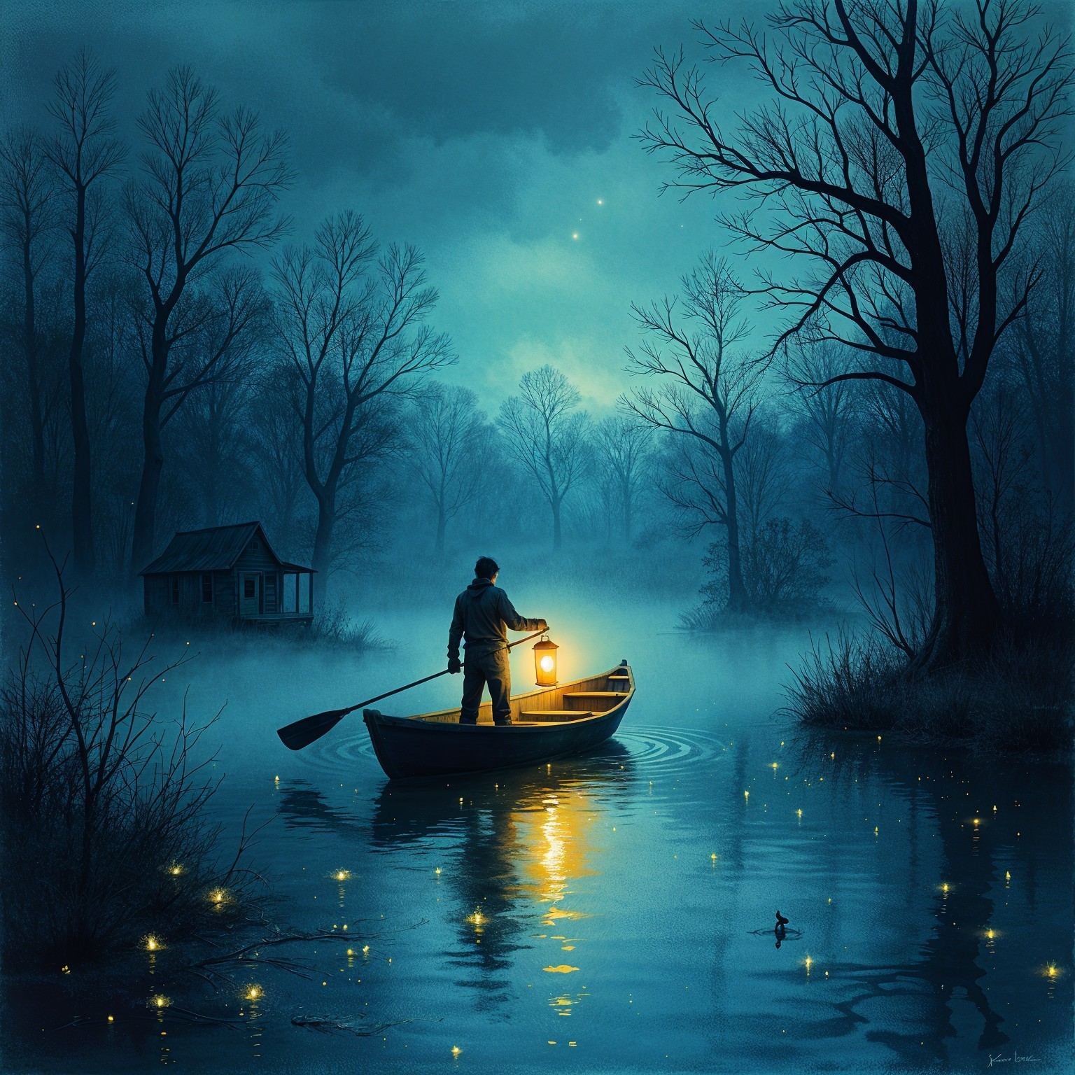 Lone Figure in Boat on Misty Moonlit Lake