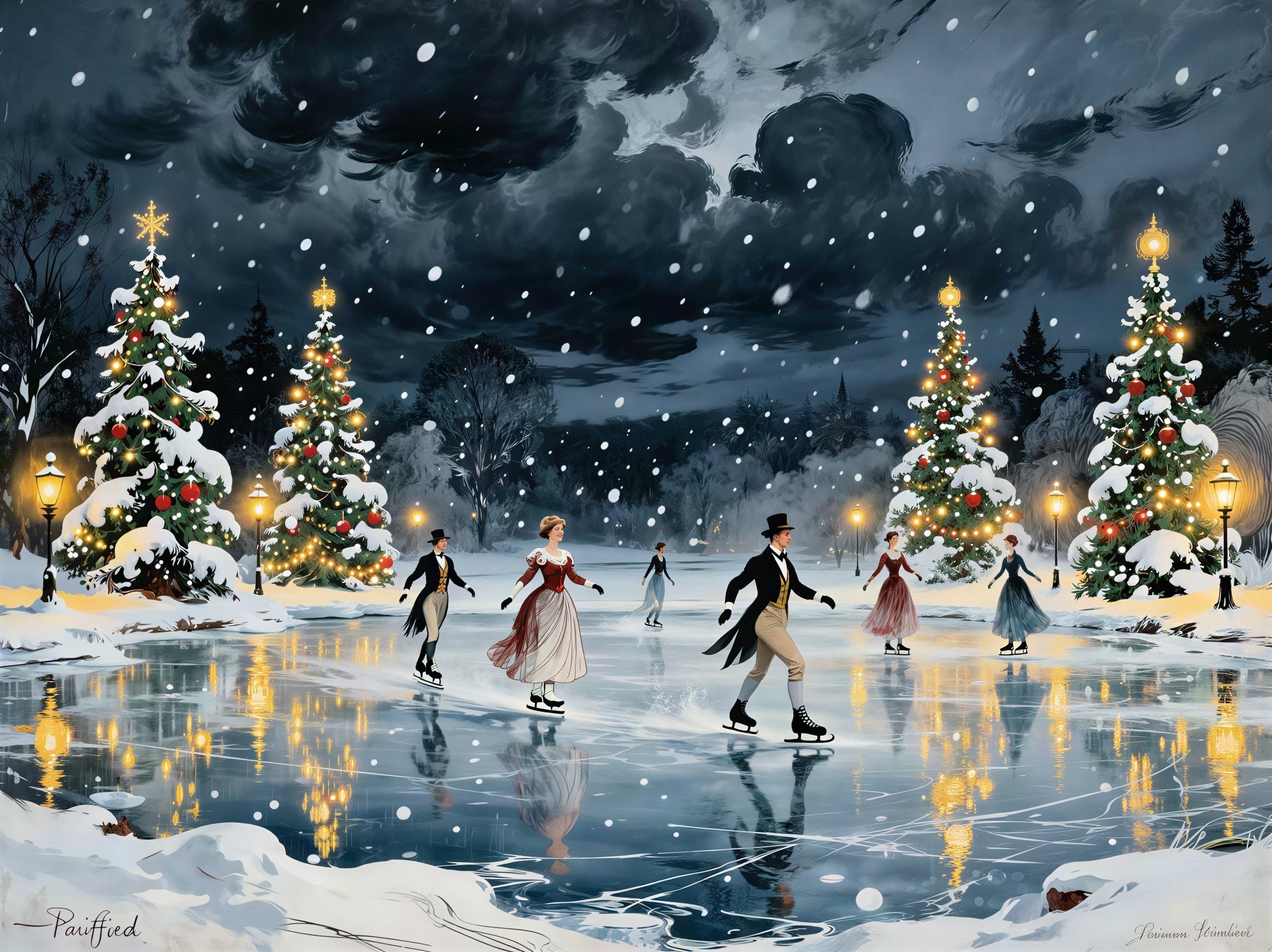 Elegant Ice Skating Scene Under Snowy Night Sky