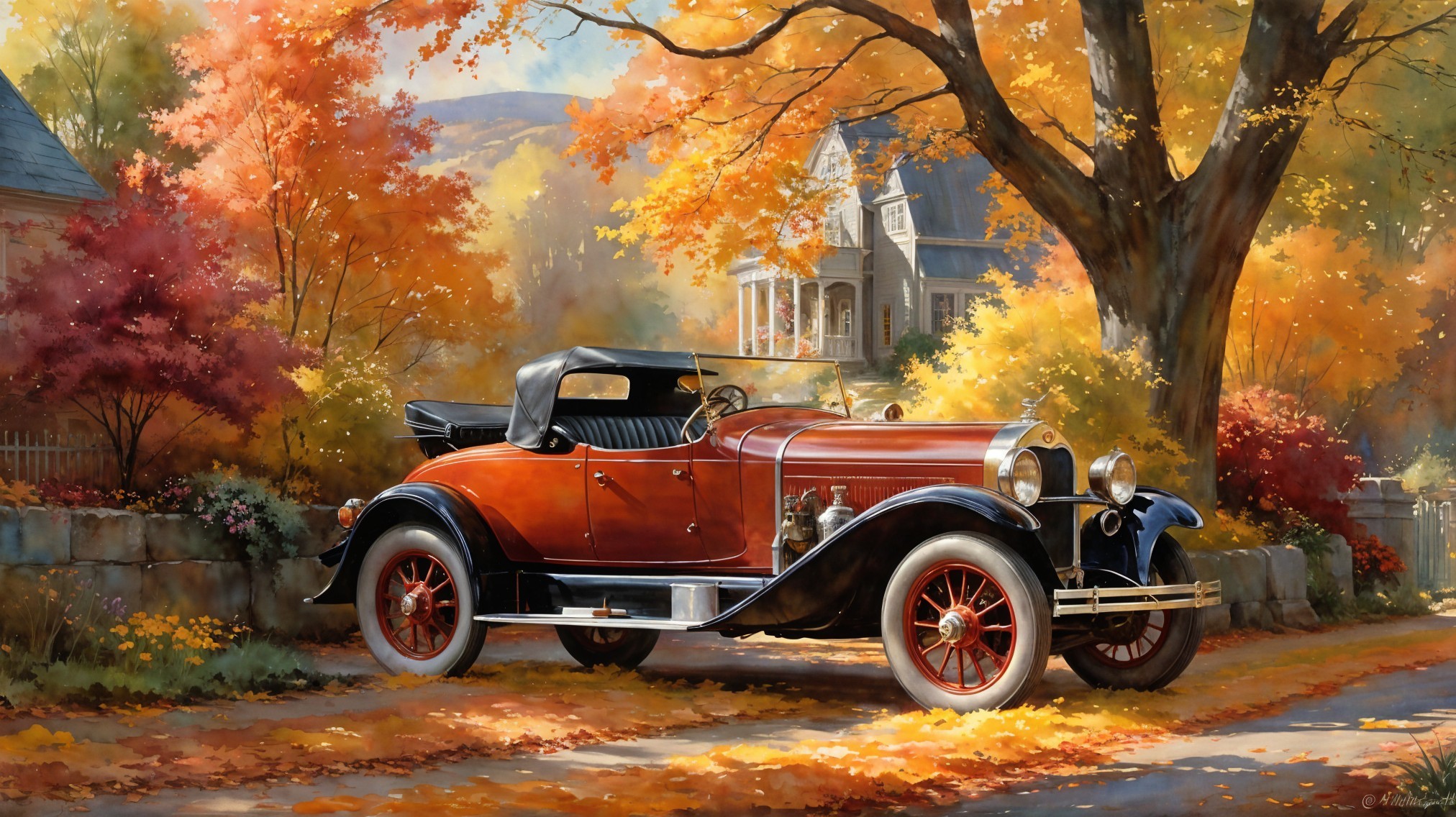 Vintage Car in Autumn Driveway with Colorful Foliage