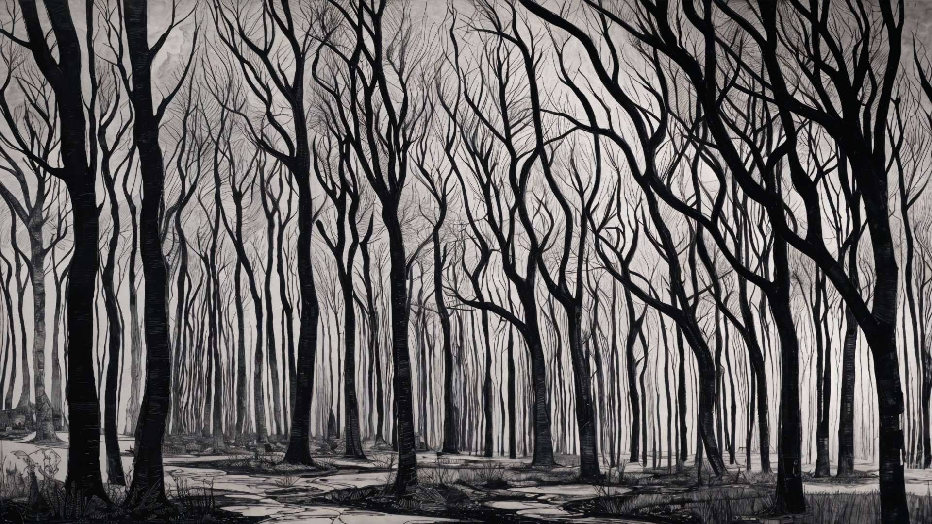 Monochromatic Forest Scene with Bare Trees and Shadows