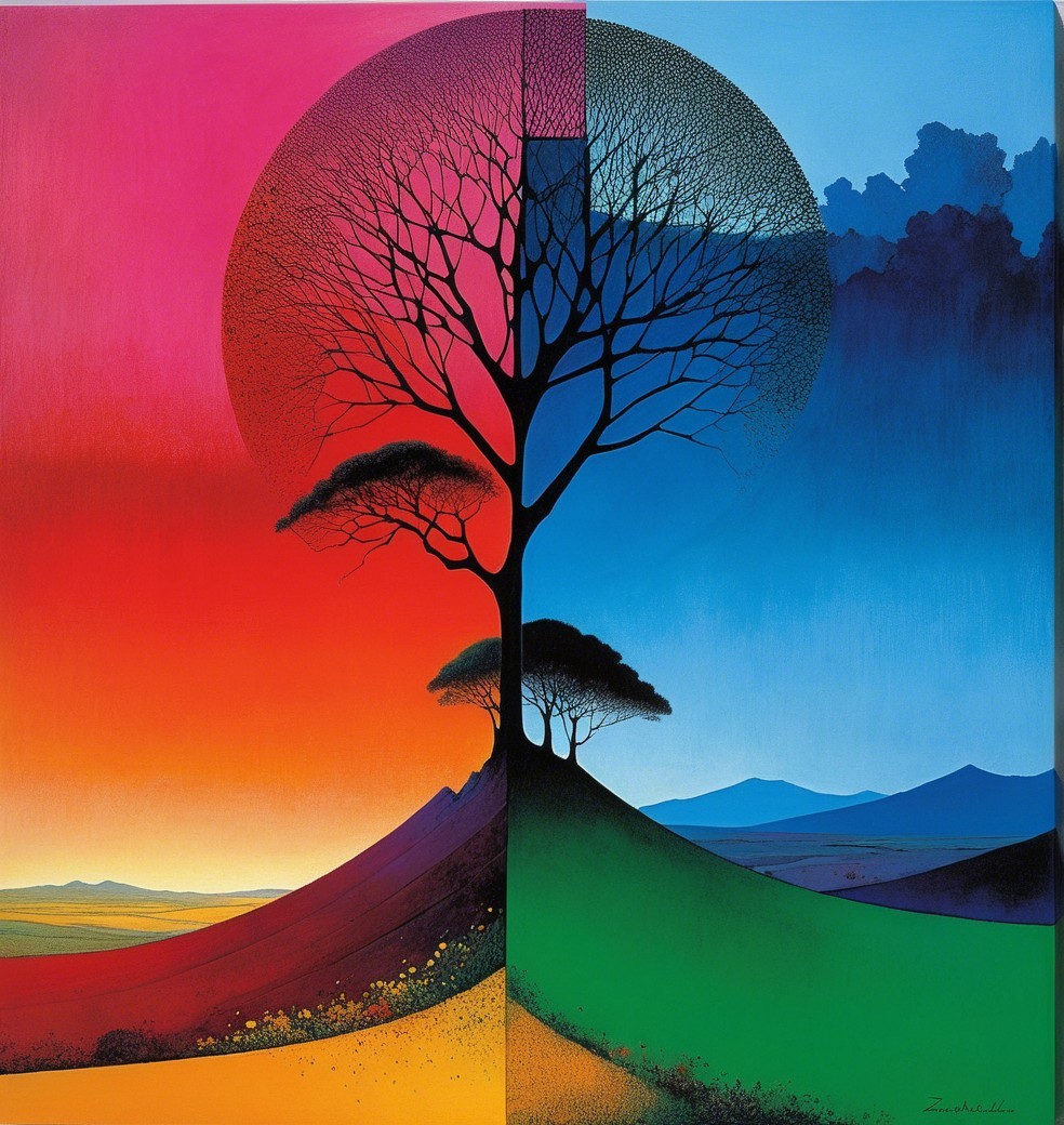 Vibrant Quadrant Landscape Painting with Black Tree