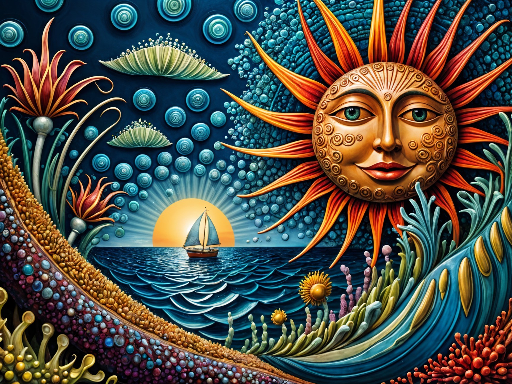Vibrant Sun and Abstract Marine Life in Colorful Scene