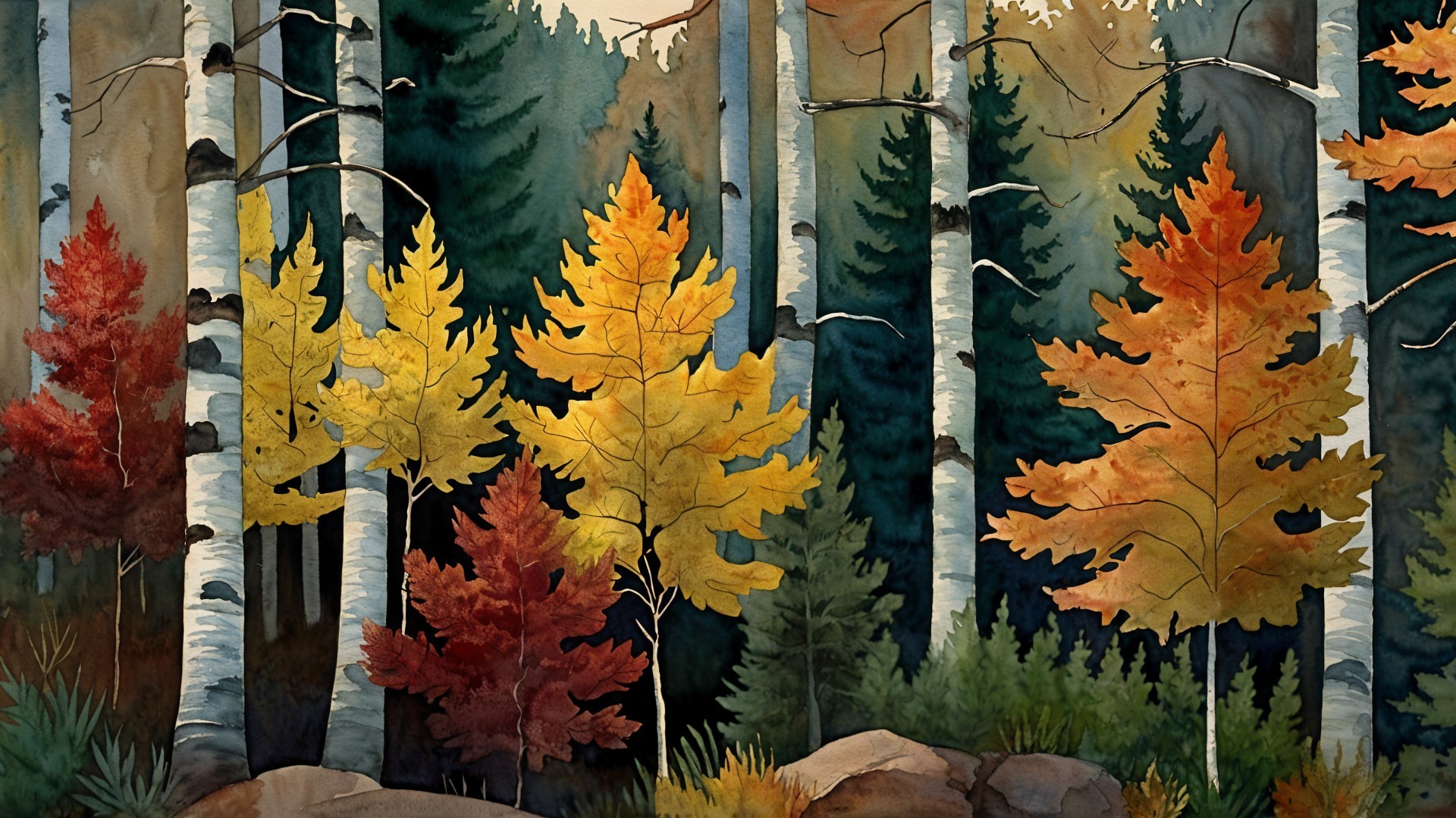 Serene Autumn Forest with Vibrant Foliage and Birch Trees