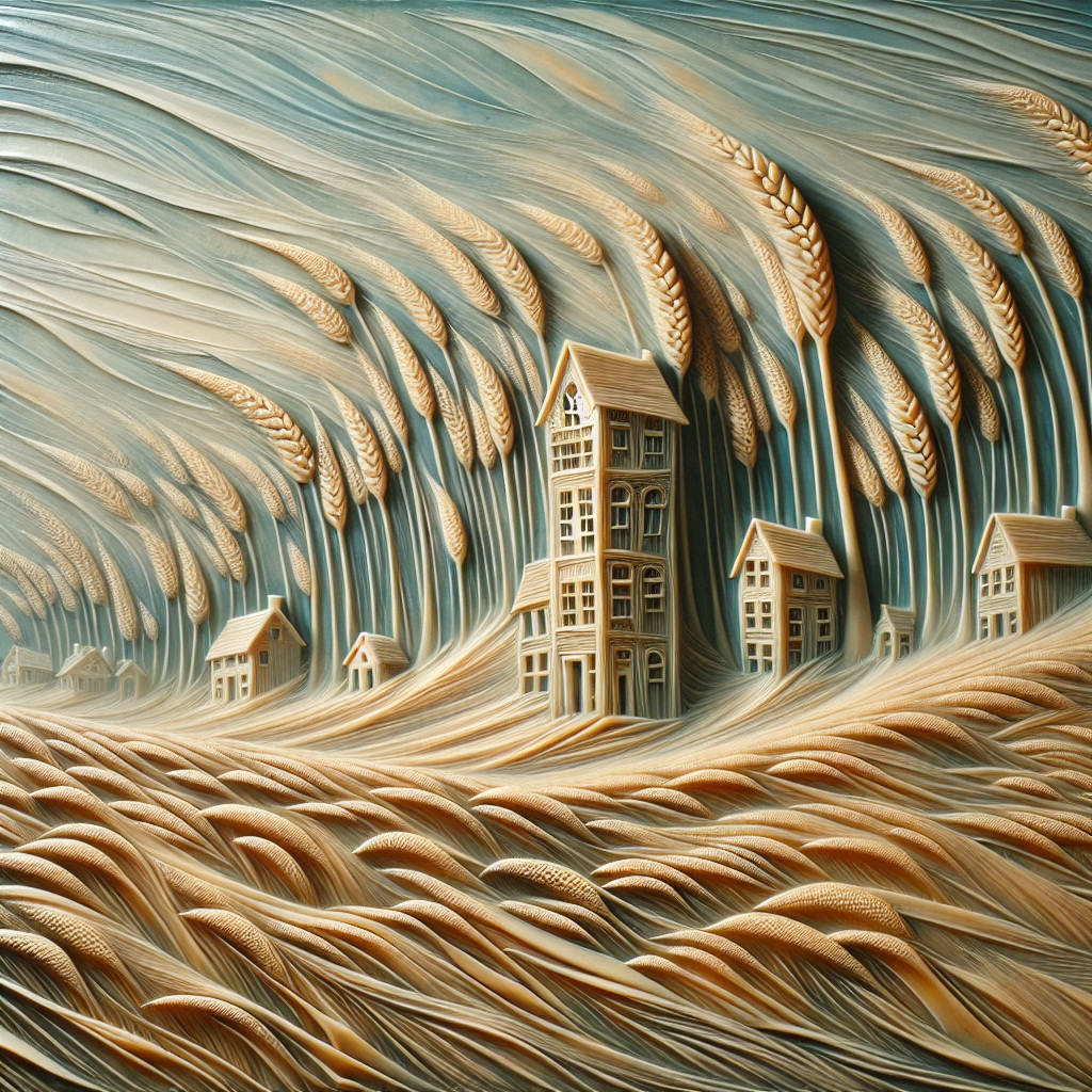 Surreal Landscape with Carved Houses and Wheat Waves