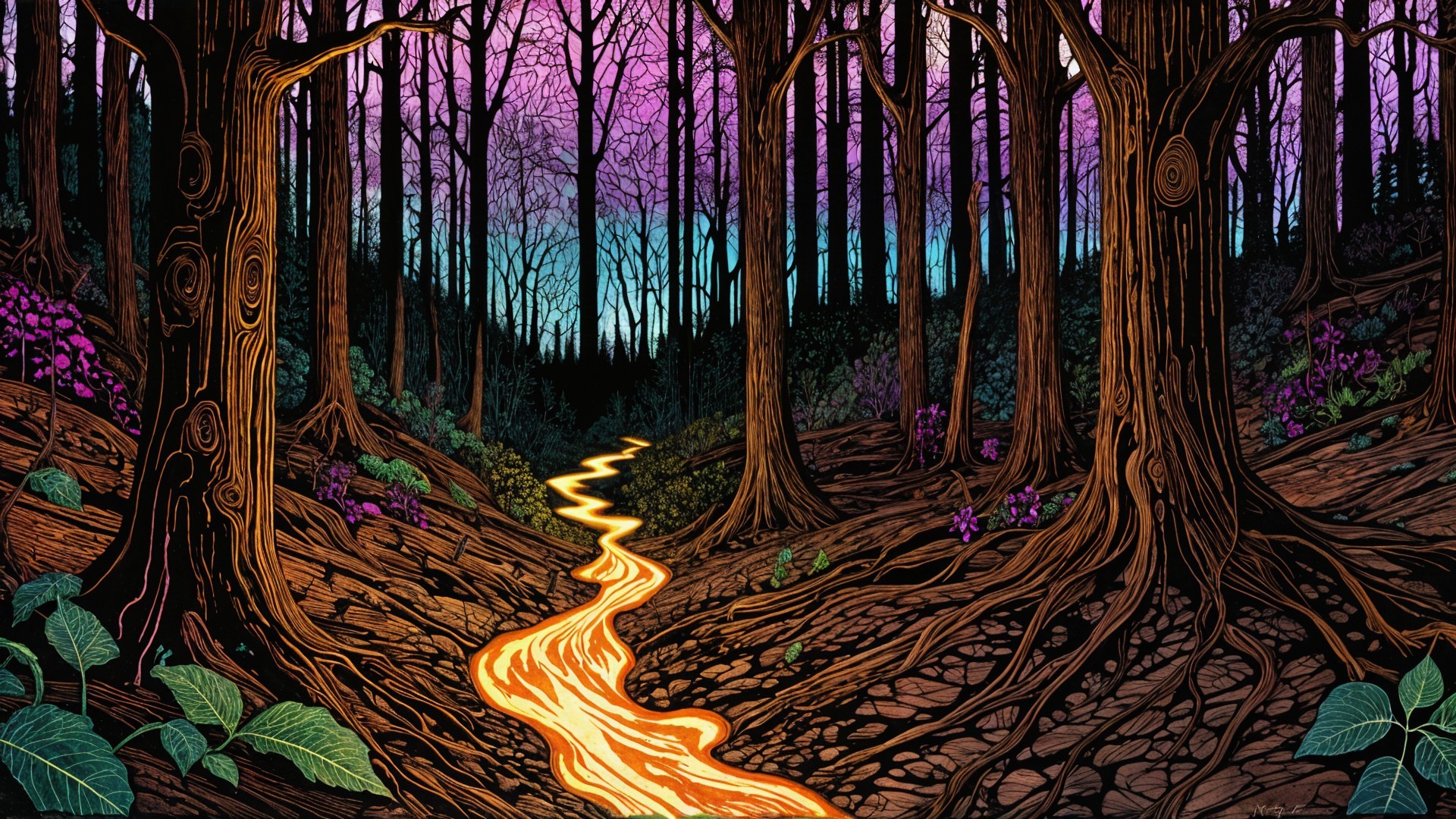Mystical Twilight Forest with Glowing River Scene