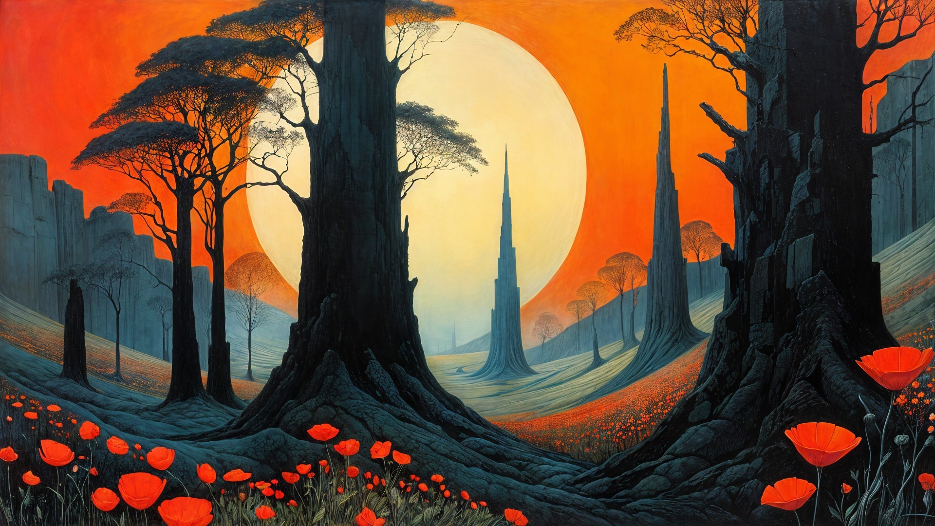 Surreal Landscape with Black Trees and Orange Sunset