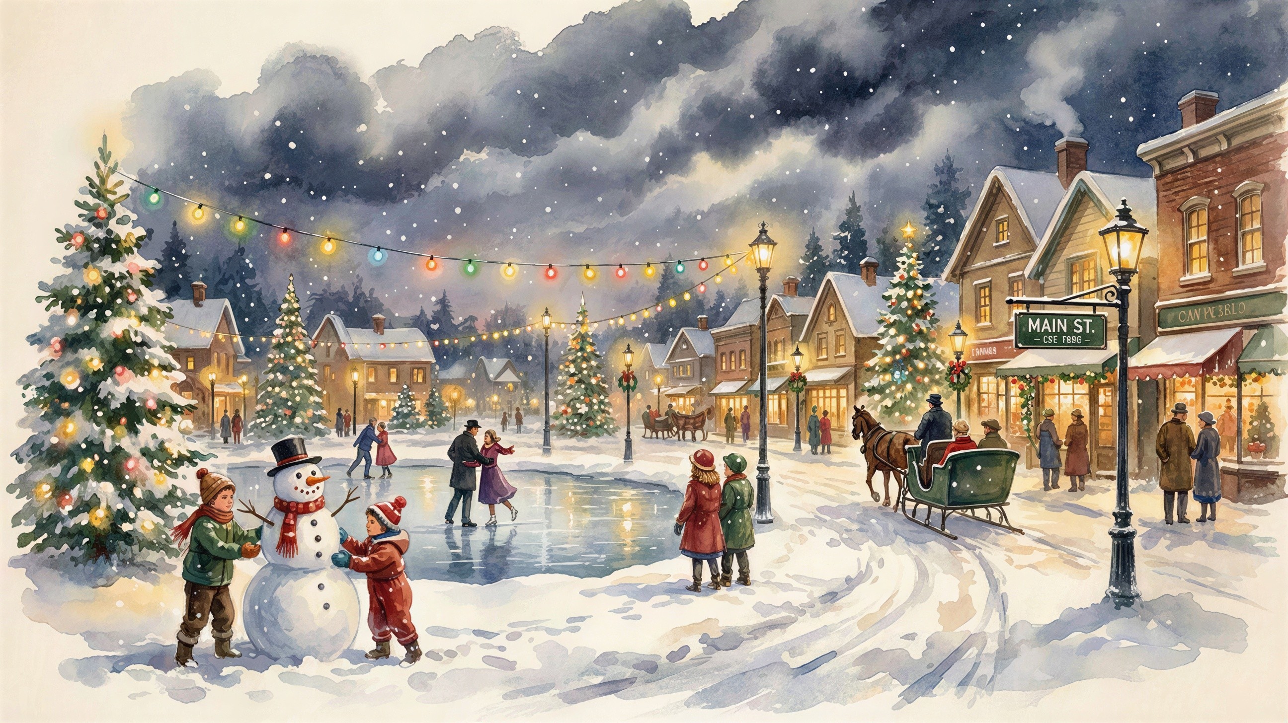 Winter Village Scene with Christmas Lights and Snow