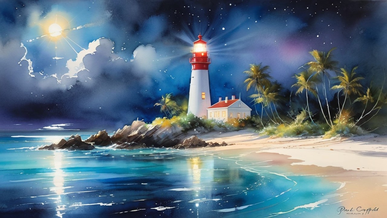 Coastal Dusk Scene with Lighthouse and Moonlit Waves