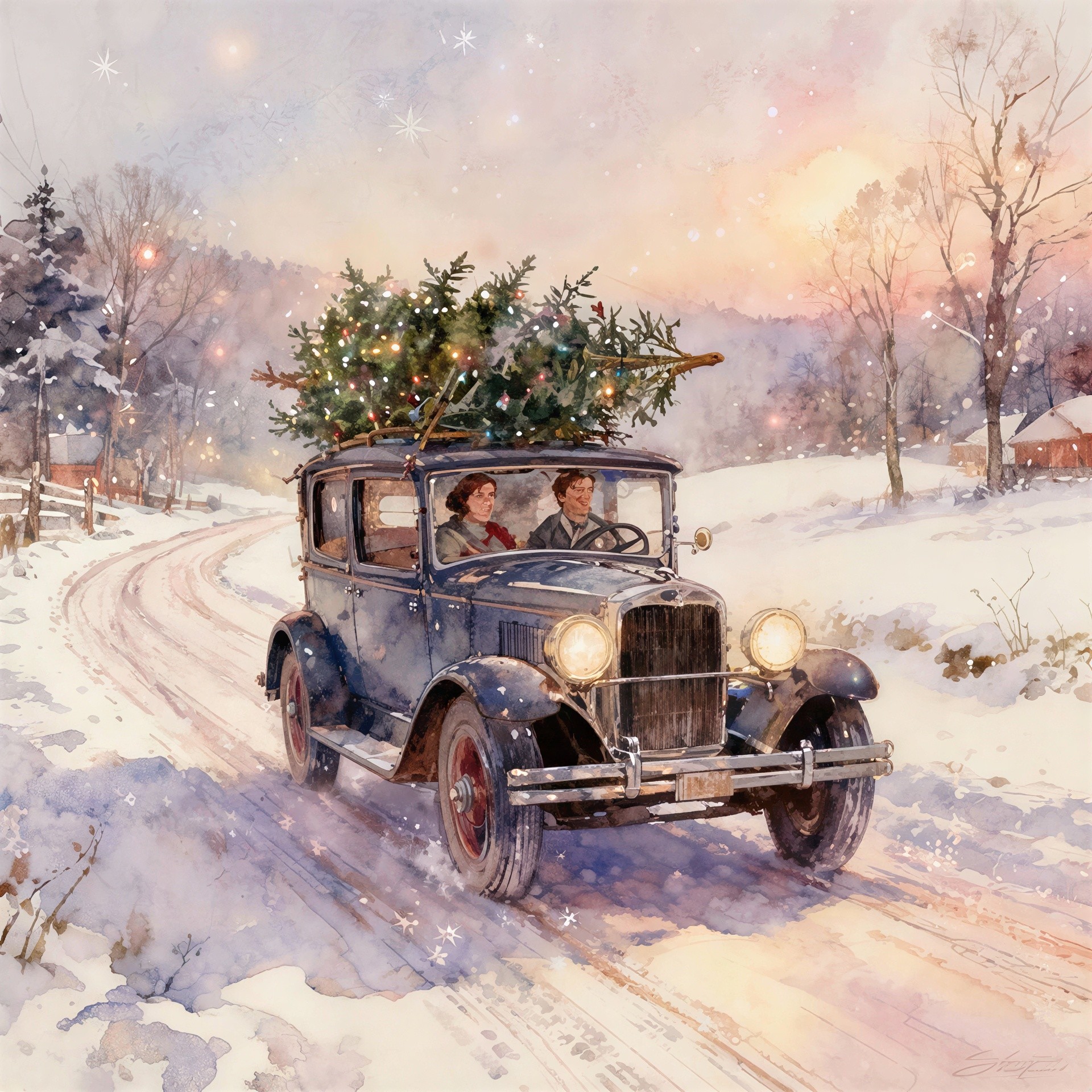 Vintage Car with Christmas Tree on Snowy Road