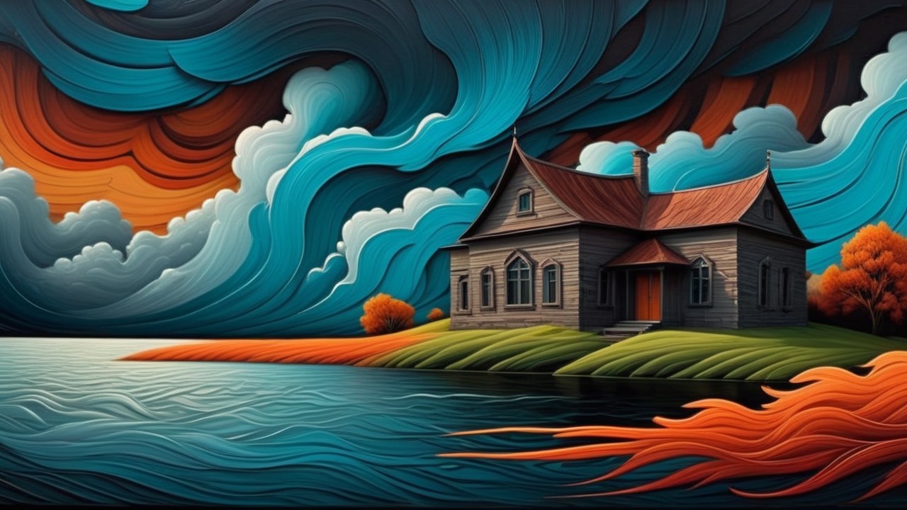 Whimsical Landscape with Wooden House and Vibrant Lake