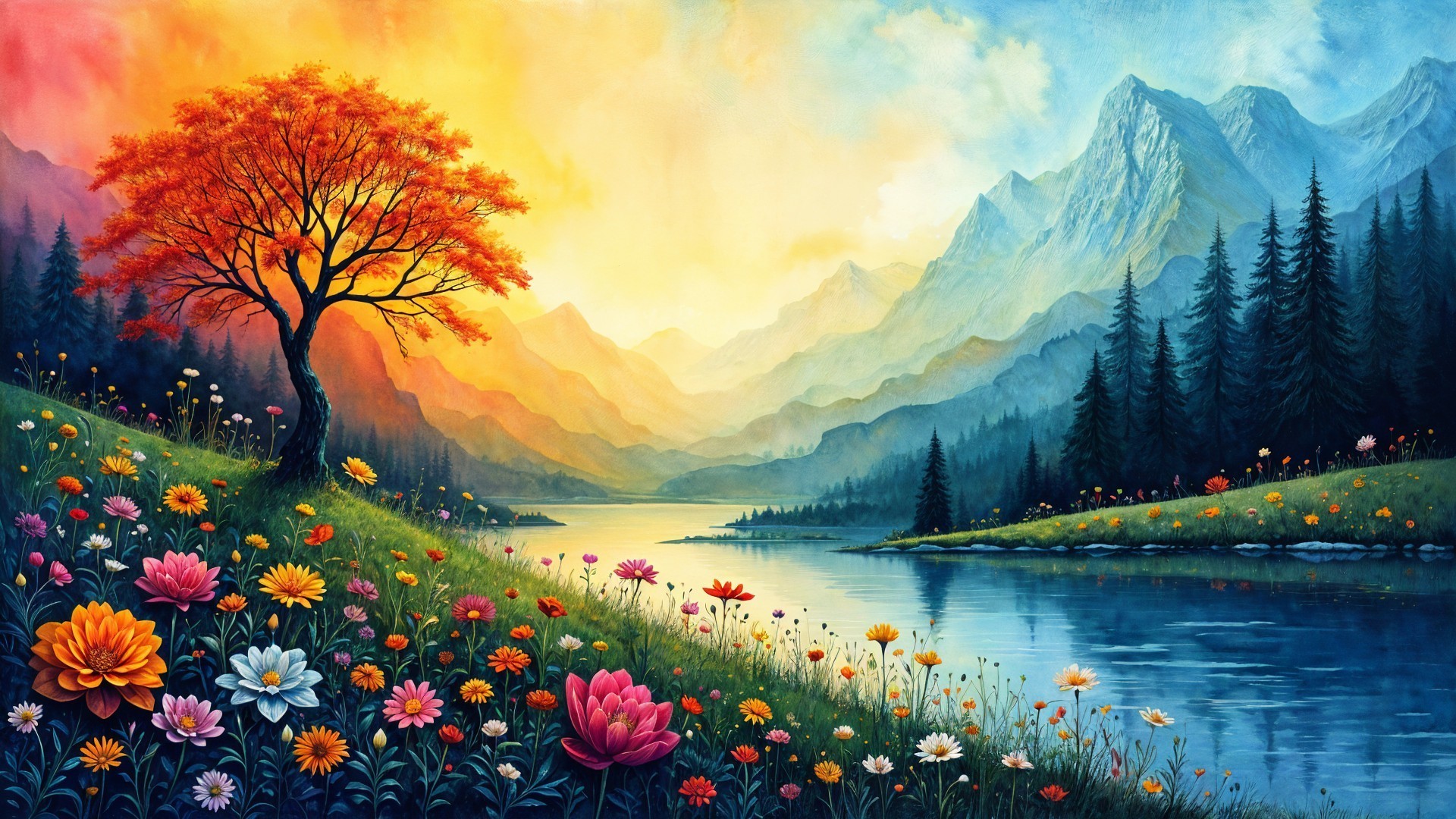 Vibrant Sunrise Landscape with River and Blooming Flowers