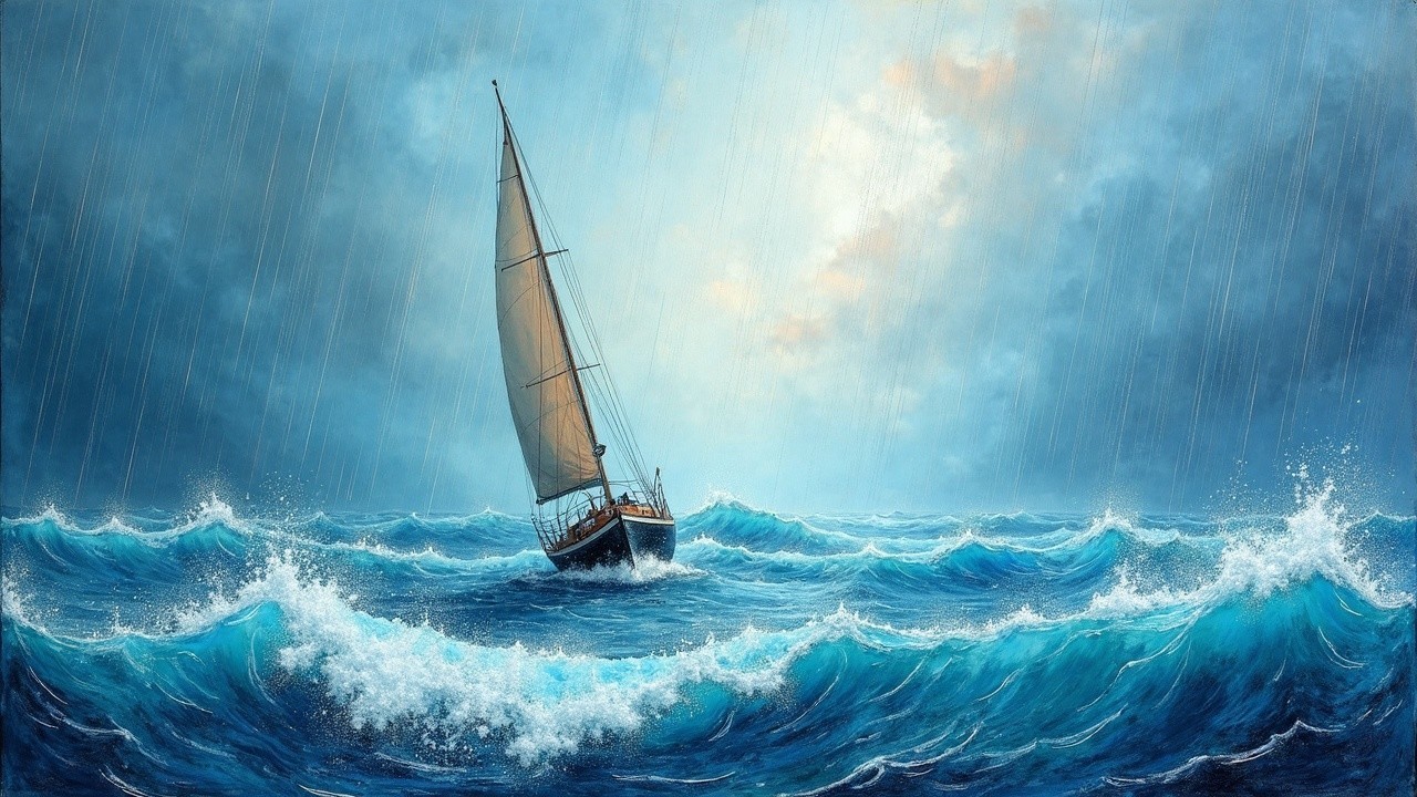 Sailboat Navigating Stormy Seas and Dramatic Sky