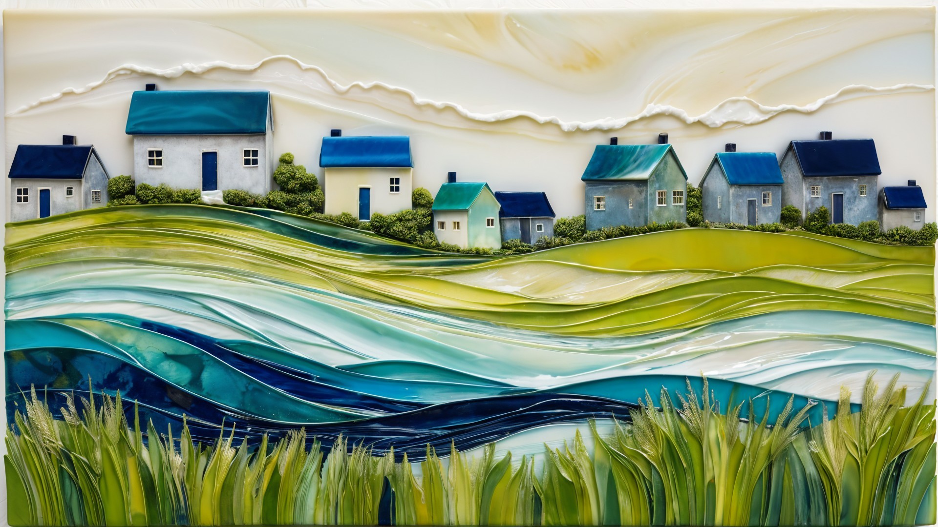 Vibrant Artwork of Houses in Lush Green Hills