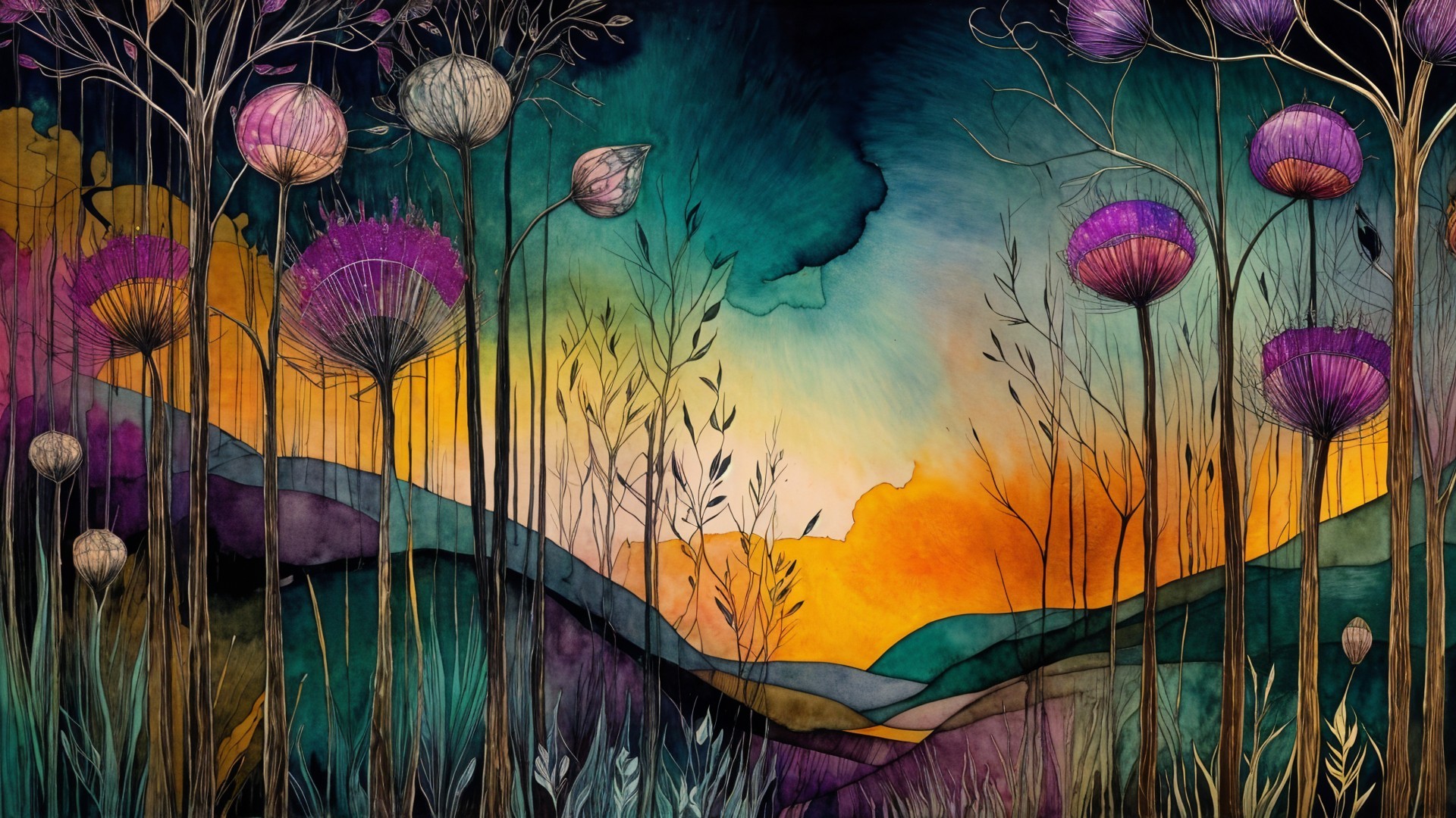 Surreal Landscape with Whimsical Flowers and Gradient Sky