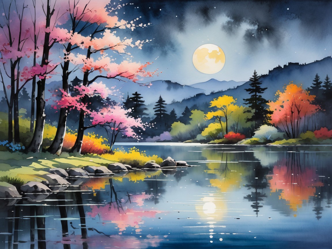 Serene Dusk Landscape with Autumn Foliage and Moon