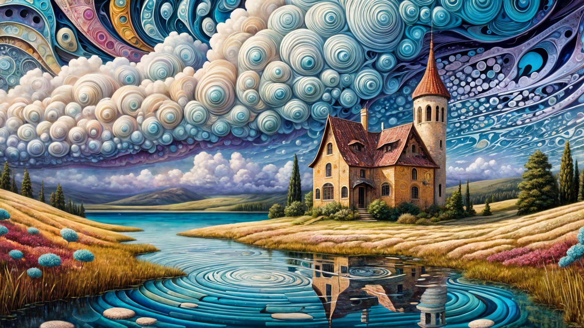 Whimsical Landscape with Castle and Tranquil Lake