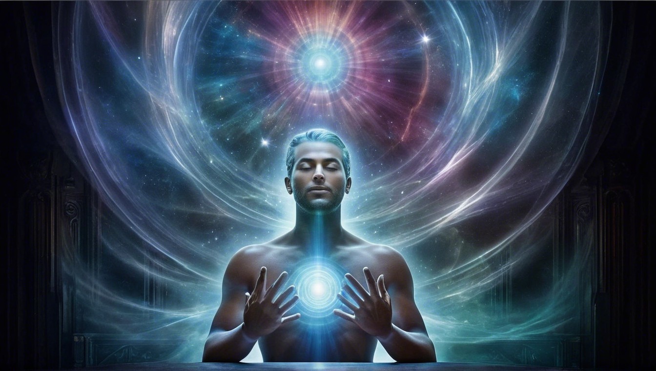 Meditative Figure in Cosmic Colorful Scene