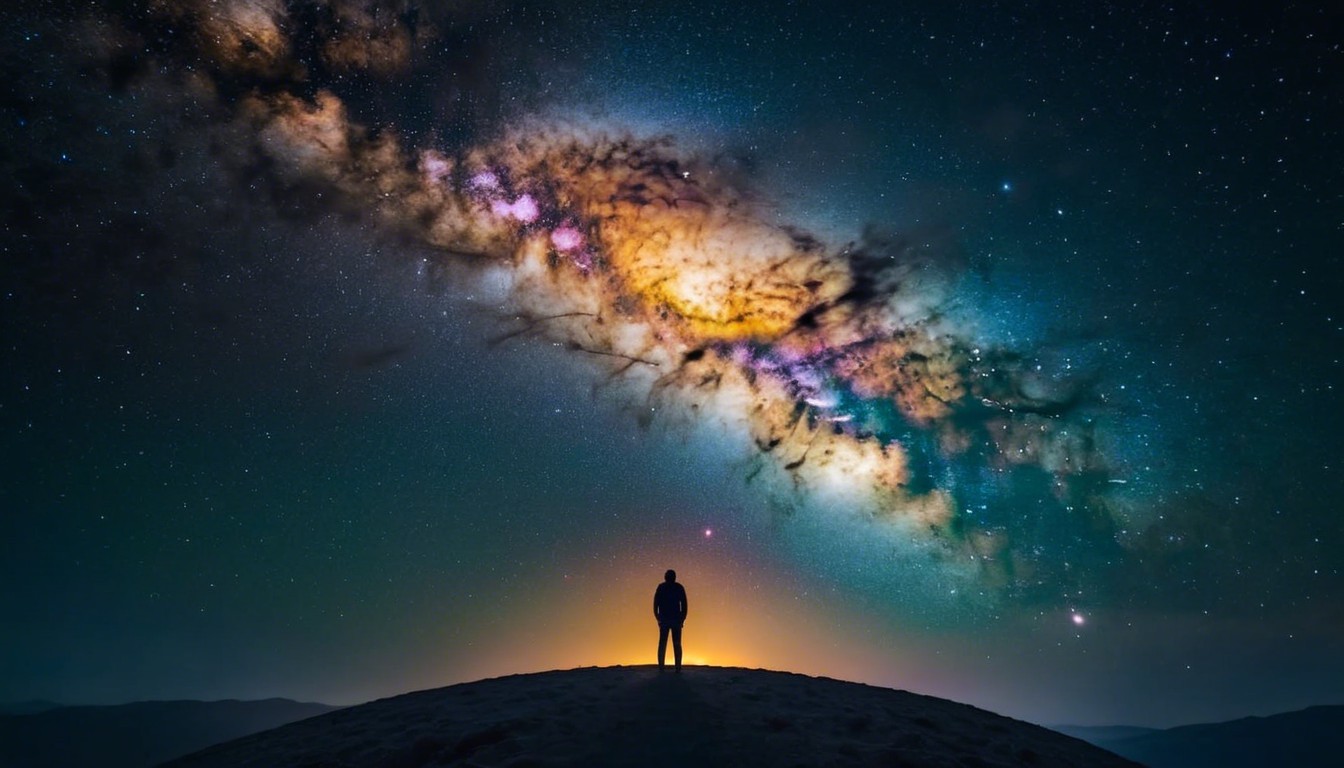 Solitary Figure Under Vibrant Night Sky and Milky Way