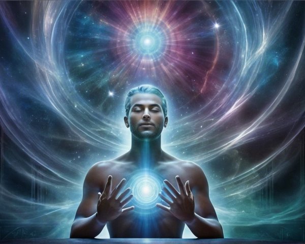 Meditative Figure in Cosmic Colorful Scene
