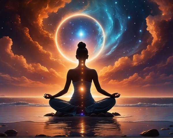 Meditative Figure by Tranquil Sea at Sunset