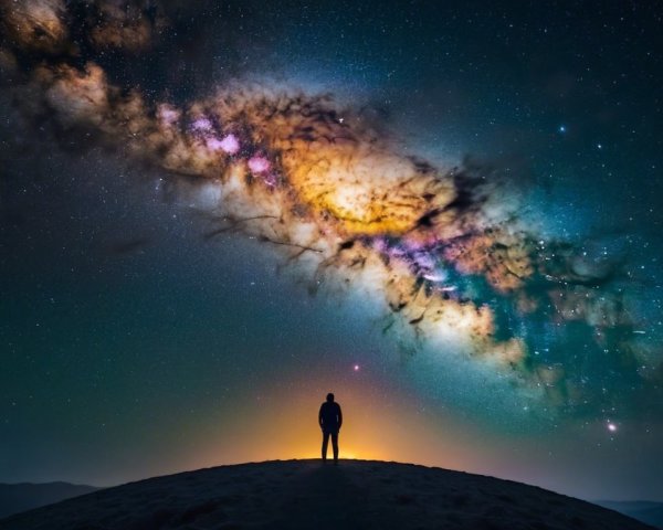 Solitary Figure Under Vibrant Night Sky and Milky Way