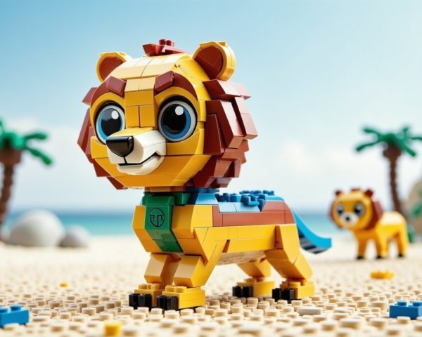 Playful LEGO Lions on a Sandy Beach Scene