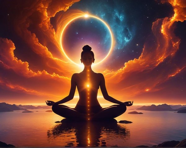 Meditating Figure Against Cosmic Backdrop and Eclipse
