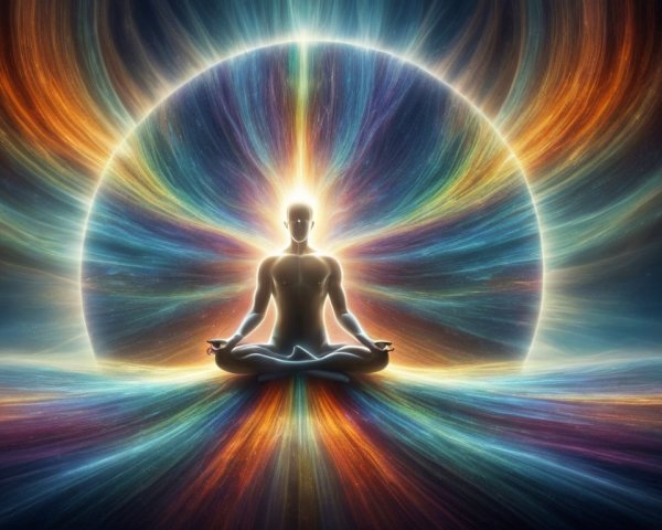 Meditative Figure in Cosmic Colorful Aura