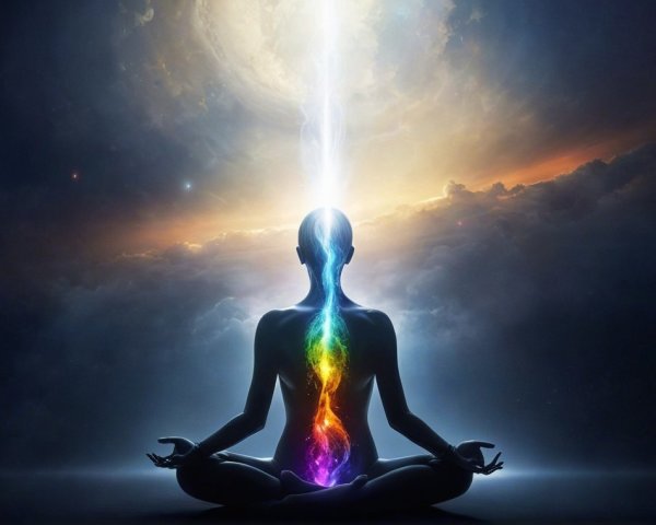 Meditating Figure in Cosmic Landscape with Light Beam