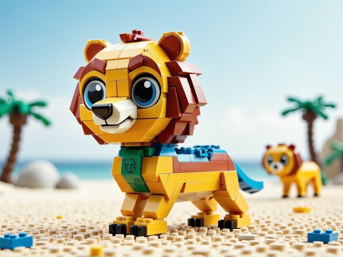 Playful LEGO Lions on a Sandy Beach Scene