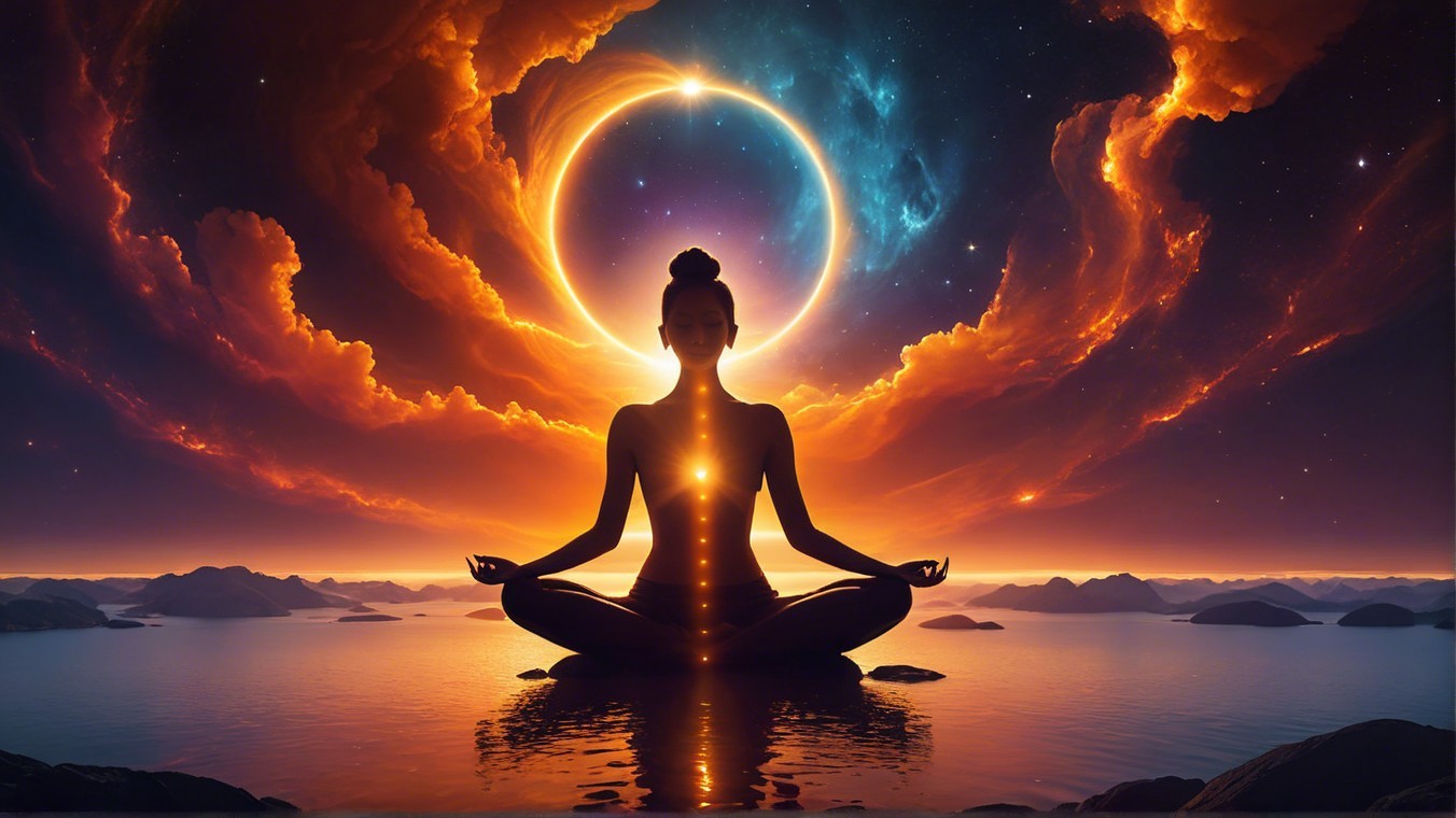 Meditating Figure Against Cosmic Backdrop and Eclipse