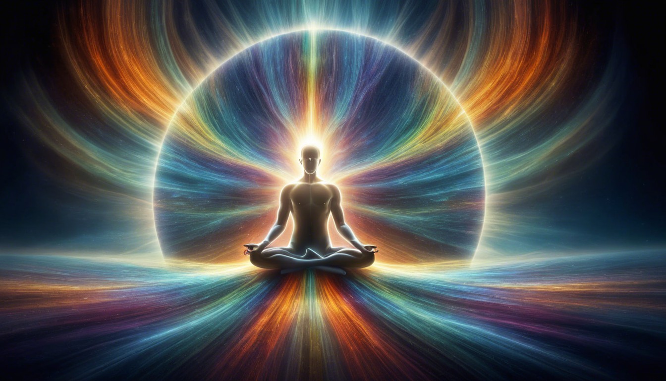 Meditative Figure in Cosmic Colorful Aura