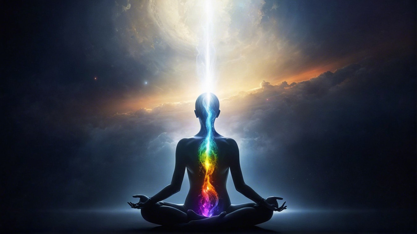 Meditating Figure in Cosmic Landscape with Light Beam