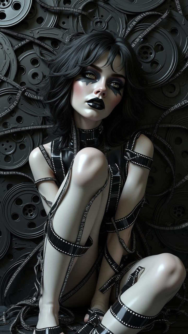 Elegant Figure Surrounded by Film Reels and Ribbons