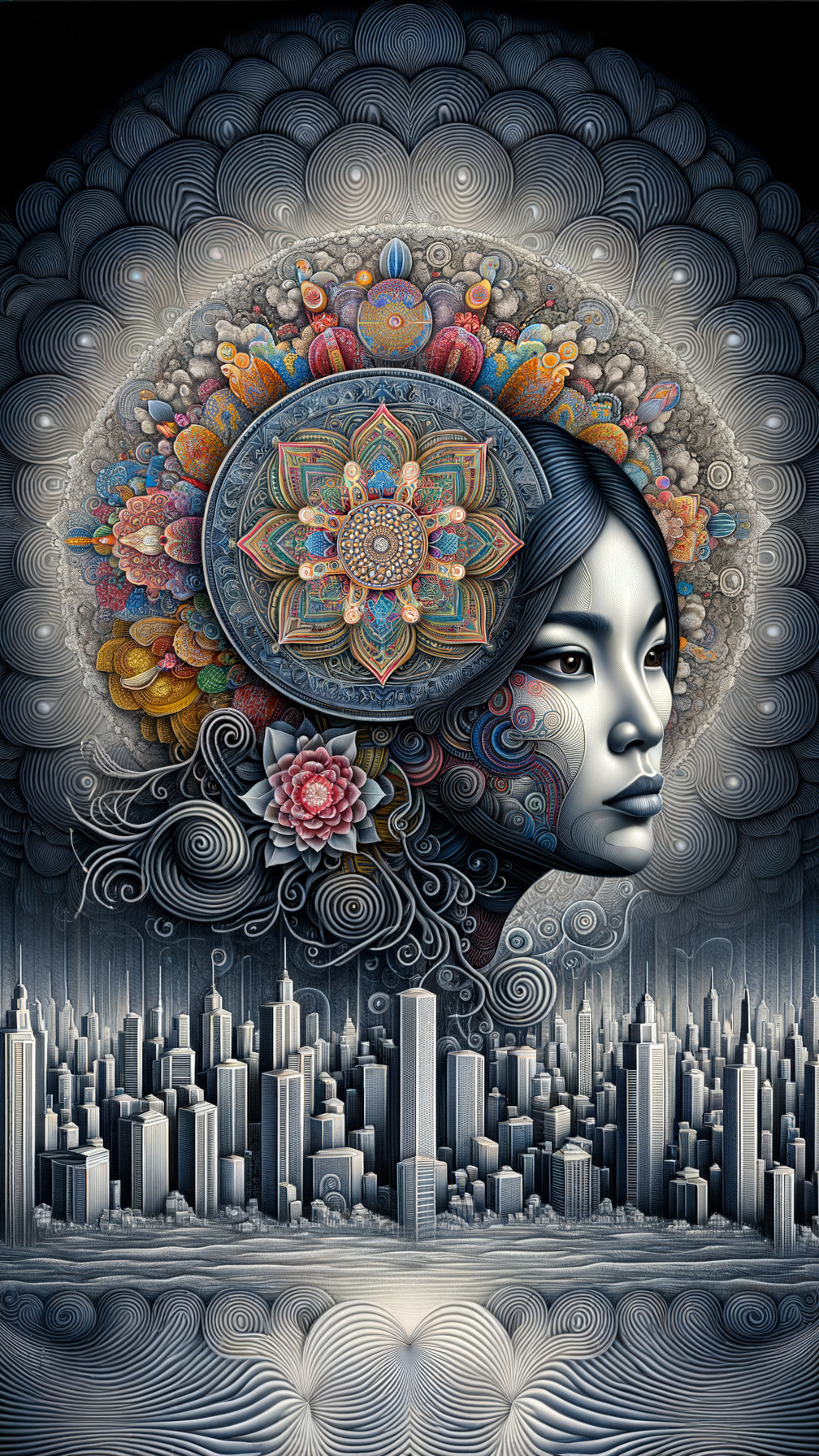 Surreal Landscape with Floral Face and City Skyline