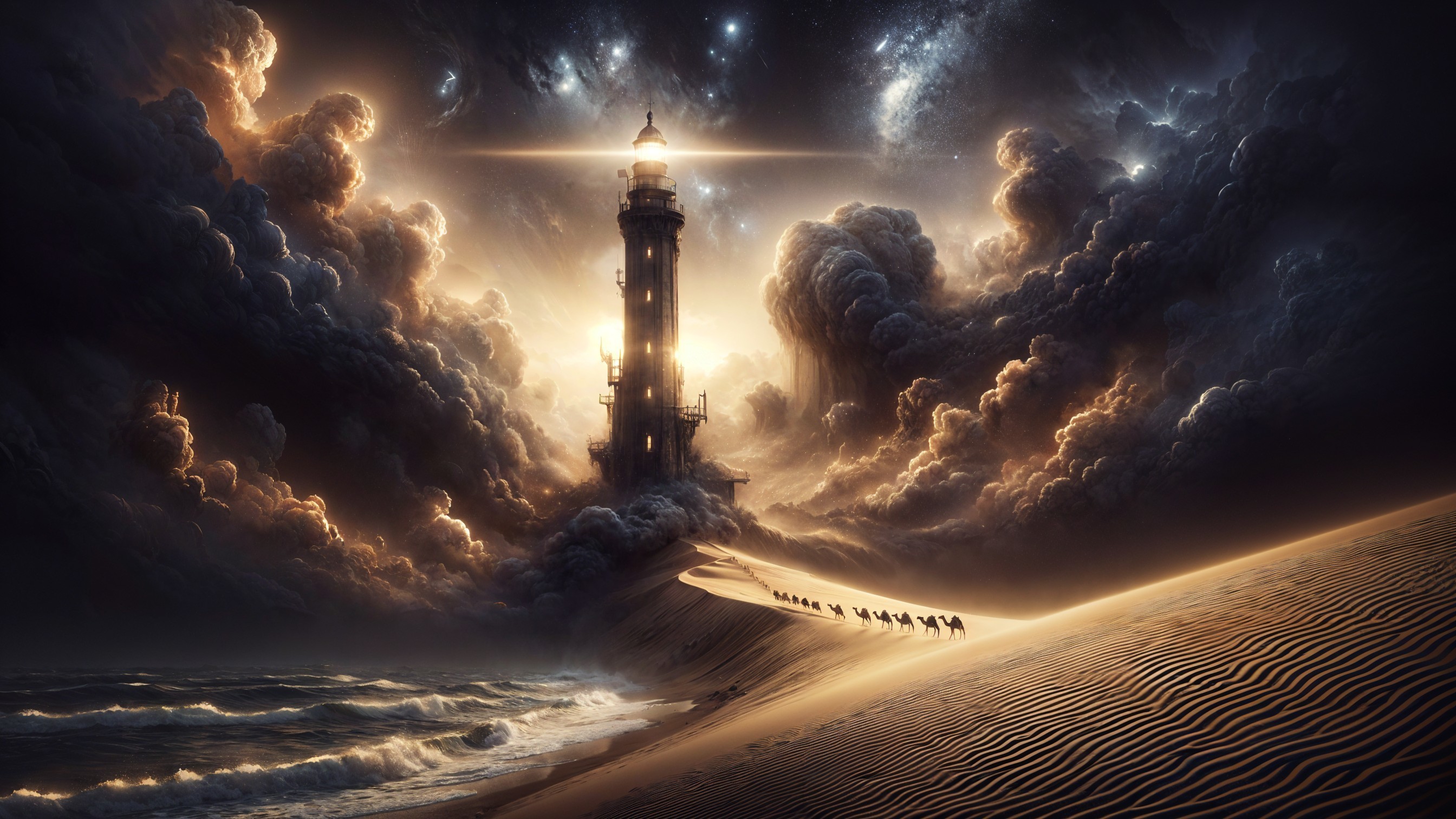 Lighthouse and Camels in Cosmic Landscape Scene