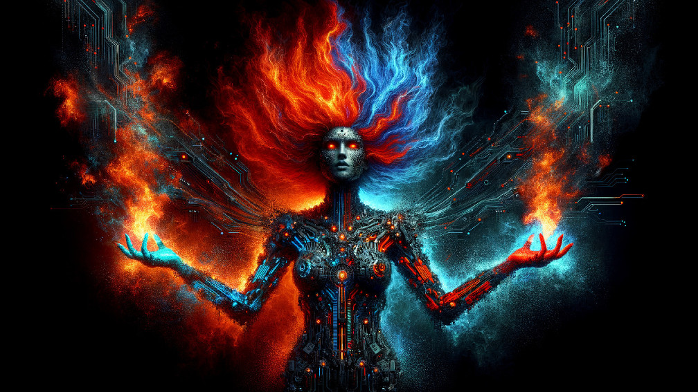 Futuristic Cybernetic Figure with Fiery Hair and Energy