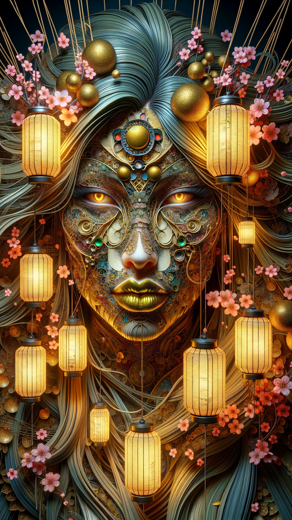 Intricately Detailed Face with Lanterns and Blossoms