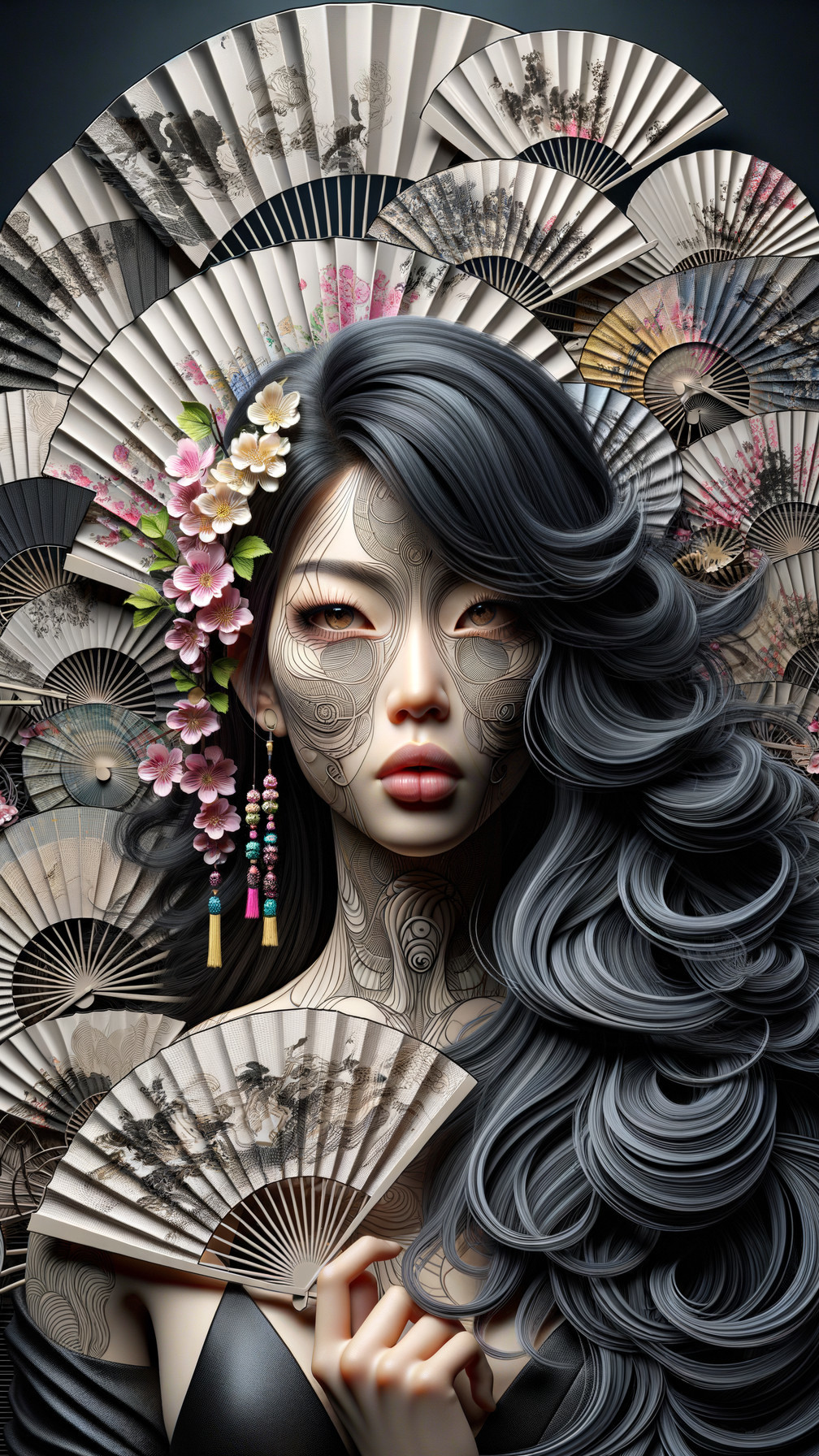 Woman with Facial Patterns and Decorative Fans