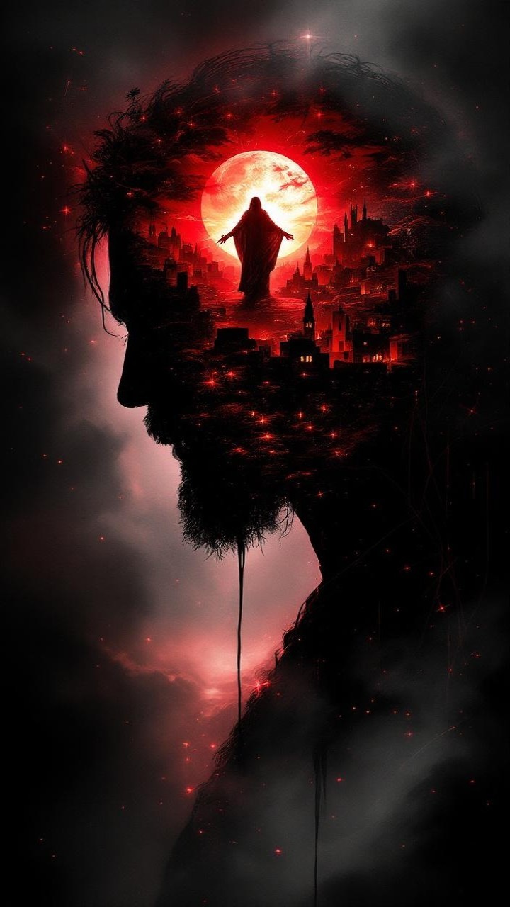 Silhouette of a man's profile with red landscape backdrop