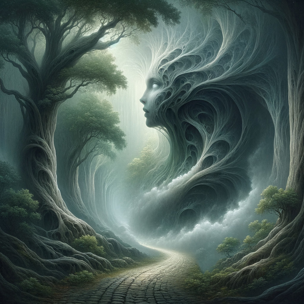 Mystical forest with entwined trees and surreal face