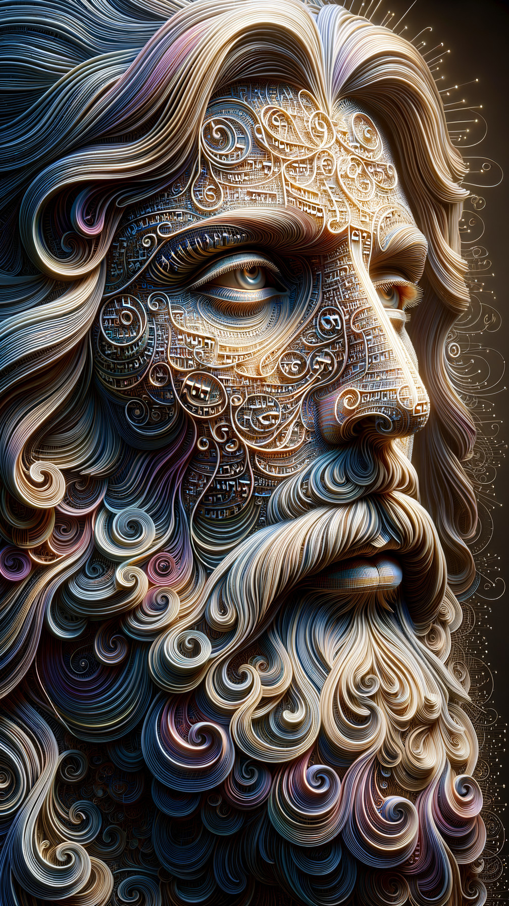 Intricate portrayal of a bearded man with wavy hair