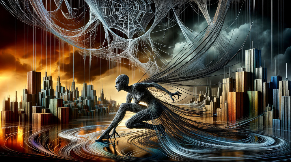 Shadowy Figure Amid Webs in Futuristic Cityscape
